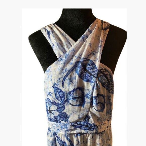 White House Black Market Blue White Clip Dot Halter BoHo Midi Dress Size 14 EUC - Picture 2 of 15